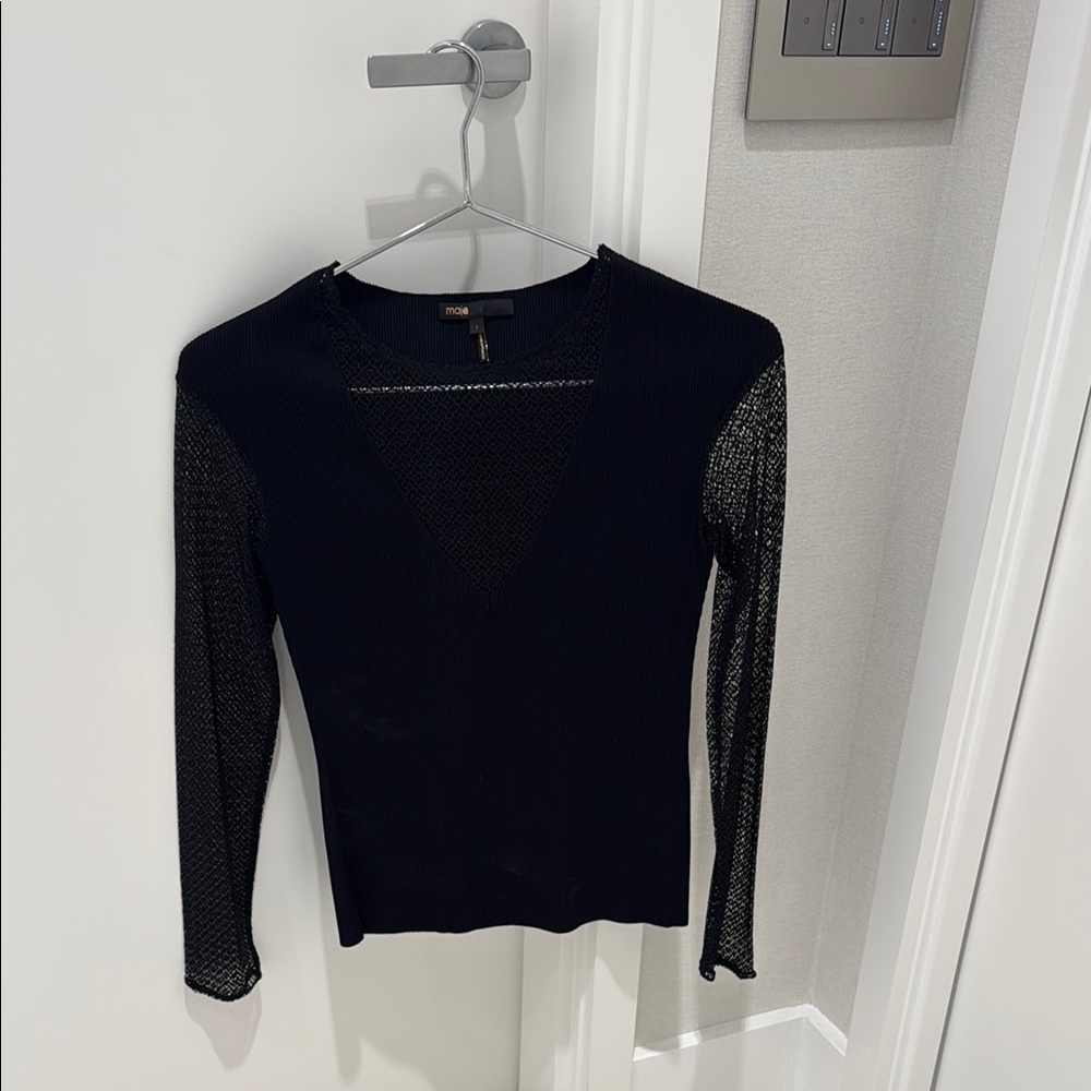 Maje Black and Navy Mesh Sleeve Top